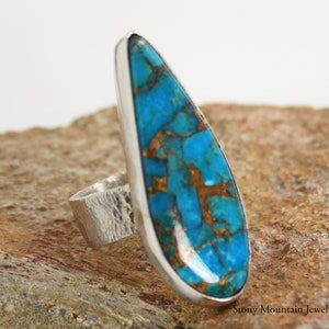 Kingman Turquoise Ring, Big Turquoise & Bronze Matrix Gemstone Ring, Handcrafted Adjustable Size Wide Band Ring