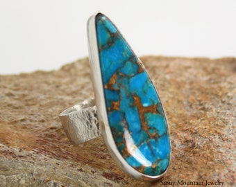 Kingman Turquoise Ring, One of a Kind Large Stone Ring, Handmade Adjustable Wide Band Ring, Big Turquoise & Bronze Cocktail Ring