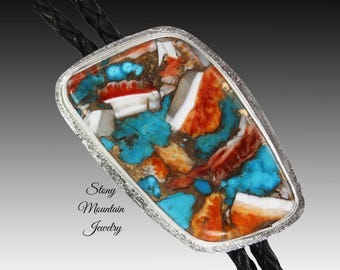 Spiny Oyster & Kingman Turquoise Bolo Tie for Men or Women, Large Custom Wedding Bolo Tie, Handcrafted Sterling Silver Western Bolo Ties