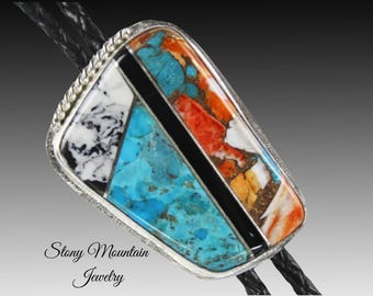 Turquoise Inlay Bolo Tie with Spiny Oyster-Faux White Buffalo-Black Agate, Custom Silver Wedding Bolo Tie, Unique Stone Designer Bolo Ties