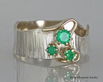 Genuine Emerald Ring, Handmade Natural Emerald Multi Stone Ring, Unique Artistic Emerald Cocktail Ring, Wide Mixed Metal Real Emerald Ring