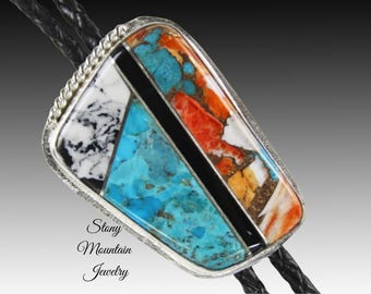 Turquoise Inlay Bolo Tie with Spiny Oyster-Faux White Buffalo-Black Agate, Custom Silver Wedding Bolo Tie, Unique Stone Designer Bolo Ties