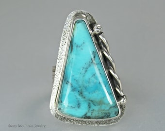 Kingman Turquoise Ring, Large Turquoise Ring, Handmade Modern Sterling Silver Wide Band Turquoise Statement Ring