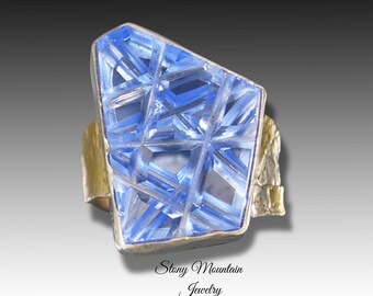 Blue Quartz Ring, One of a Kind Hand Carved Genuine Blue Quartz Cocktail Ring, Special Occasion Designer Ring