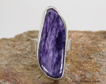 Handmade Big Stone Ring, Modern One of a Kind Rare Charoite Cocktail Ring, Contemporary Wide Band Sterling Silver Ring