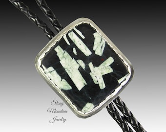 Designer Bolo Tie, Chinese Writing Stone Bolo Tie, Custom Handcrafted Wedding Bolo Tie, Unique Sterling Silver Porphyry Fossil Bolo Tie
