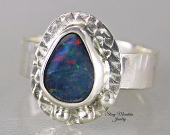 Australian Boulder Opal Ring, Handmade Genuine Australian Opal Ring, Unique Natural Blue Opal Statement Ring