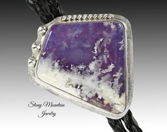 Unique Designer Bolo Tie, Handcrafted One of a Kind Sugilite & Feather Ridge Agate Bolo Tie, Custom Sterling Silver Wedding Bolo Ties
