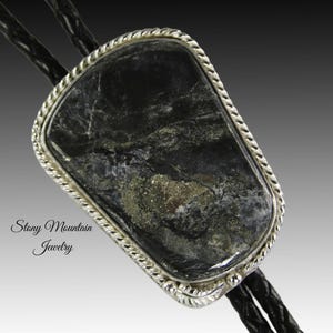 Custom Handcrafted Wedding Bolo Tie, Unique Golden Midnight Black Agate & Pyrite Stone Bolo Tie for Men or Women, Modern Designer Bolo Tie