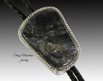 Custom Handcrafted Wedding Bolo Tie, Unique Golden Midnight Black Agate & Pyrite Stone Bolo Tie for Men or Women, Modern Designer Bolo Tie