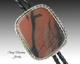 Unique Custom Sterling Silver Wedding Bolo Tie, Handcrafted Rare Indian Paint Jasper Bolo Tie, Designer Bolo Ties for Men or Women
