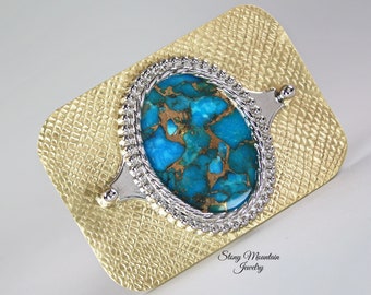 Handmade Turquoise Belt Buckle, Unique Mohave Blue & Kingman Turquoise Matrix Belt Buckle, Modern Stone Belt Buckle for Men or Women