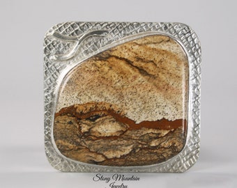 Unique Designer Belt Buckle Handmade Modern Landscape Picture Jasper Belt Buckle Stone & Silver Belt Buckle for Men or Women