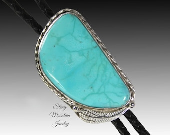 Blue Heron Turquoise Bolo Tie, Unique Wedding Bolo Tie, Modern Handcrafted Sterling Silver Designer Bolo Ties for Men & Women, Western Tie