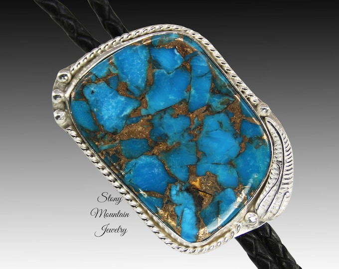 Featured listing image: Mohave Blue Turquoise Bolo Tie in Sterling Silver, Custom Handcrafted Western Wedding Style, The Feather Collection