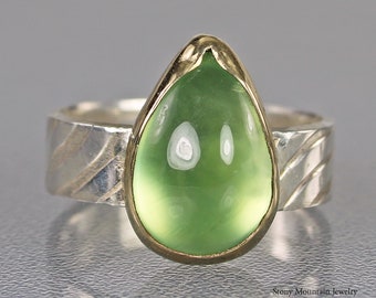 Prehnite Ring, Contemporary Prehnite Cocktail Ring, Unique Wide Band Mixed Metal Prehnite Statement Ring