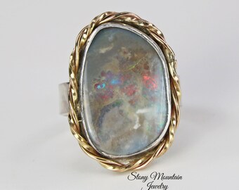 Australian Boulder Opal Ring, Handmade Sterling Silver & 14kt Gold Fill Modern Opal Cocktail Ring Genuine Australian White Opal Ring