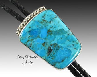 Kingman Turquoise Bolo Tie, Unique Custom Wedding Bolo Tie, Sterling Silver Bolo Ties for Men & Women, Handcrafted Western Bolo Tie
