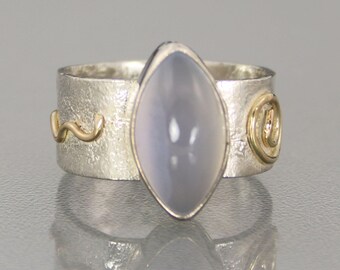 Blue Chacedony Ring, Modern Mixed Metal Designer Ring, Contemporary Handmade Anniversary Gift for Her, Unique Wedding Ring