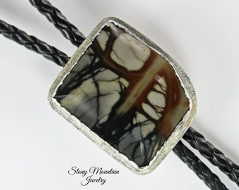 Picasso Marble Bolo Tie Handmade Sterling Silver Wedding Bolo Tie, Custom Modern Bolo Tie for Men & Women, One of a Kind Western Bolo Ties