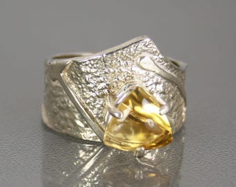 Genuine Citrine Ring, Unique Modern Golden Citrine Ring, Artistic Elegant Sterling Silver Cocktail Ring