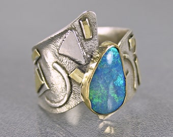 Australian Opal Ring, Modern Mixed Metal Boulder Opal Cocktail Ring, Large Contemporary One of a Kind Designer Ring, Elegant Wide Opal Ring