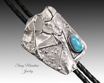 Sterling Silver Bolo Tie, Unique Sculptural Wedding Bolo Tie, One of a Kind Handcrafted Modern Custom Turquoise Bolo Tie for Men & Women