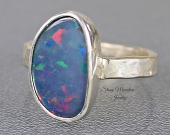 Australian Boulder Opal Ring, Handmade Genuine Australian Opal Ring, Unique Natural Blue Opal Statement Ring, Silver Opal Cocktail Ring