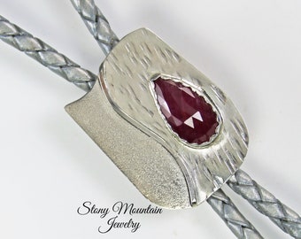 Fancy Designer Bolo Tie Small Modern Sterling Silver Rose Cut Ruby Bolo Tie, One of a Kind Unique Sculptural Wedding Bolo Tie