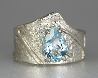 Blue Topaz Ring, Modern Sculptural Blue Topaz Designer Ring, Contemporary Handmade Anniversary Gift for Her, Unique Wide Band Wedding Ring