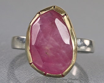 Natural Pink Sapphire Ring, One of a Kind Rose Cut Sapphire Ring, Mixed Metal Modern Designer Ring, Unique Genuine Sapphire Cocktail Ring