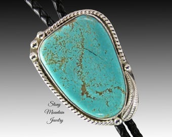 One of a Kind Turquoise Bolo Tie Large Nevada Number 8 Mine Turquoise Designer Bolo Ties for Men & Women, Hamdmade Custom Wedding Bolo Tie