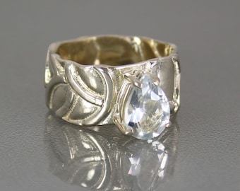 White Topaz Ring, Sterling Silver Solitaire Ring, Modern Handmade Wide Gemstone Ring Size 6.75