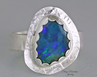 Australian Boulder Opal Ring, Handmade Genuine Australian Opal Ring, Unique Sterling Silver Natural Blue Opal Cocktail Ring