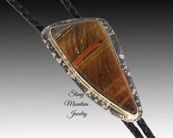 Custom Tiger Eye Wedding Bolo Tie in Nickel Silver & Brass, Unique Handcrafted Bolo Tie, Essential Metals Collection