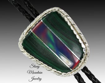 Custom  Sterling Silver Wedding Bolo Tie, Malachite and Aurora Opal Inlay Bolo Tie, Unique Modern Designer Bolo Ties, Fathers Day Gift