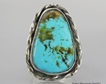 Kingman Turquoise Ring, Large Turquoise Ring, Handmade Modern Sterling Silver Wide Band Turquoise Statement Ring