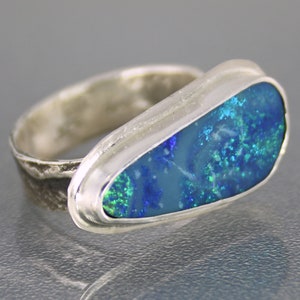 Australian Boulder Opal Ring, Handmade Genuine Australian Opal Ring, Unique Natural Blue Opal Statement Ring Size 7