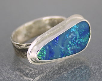 Australian Boulder Opal Ring, Handmade Genuine Australian Opal Ring, Unique Natural Blue Opal Statement Ring