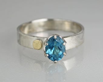 London Blue Topaz Ring, Modern Mixed Metal Blue Topaz Designer Ring, Contemporary Handmade Anniversary Gift for Her, Unique Wedding Ring