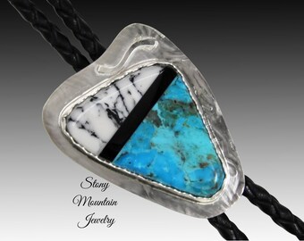 Turquoise Inlay Bolo Tie with Faux White Buffalo and Black Agate, Custom Wedding Bolo Ties for Men or Women, Unique Stone Designer Bolo Ties