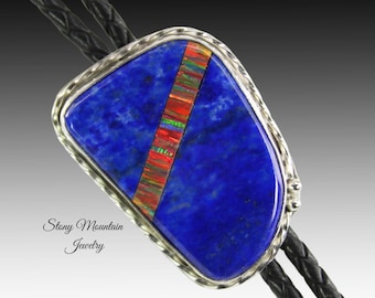 Custom Inlay Bolo Tie, Designer Bolo Tie Lapis Lazuli & Bello Opal, One of a Kind Wedding Bolo Tie, Fathers Day Gift
