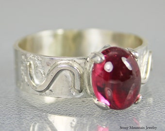 Pink Tourmaline Ring, Unique Natural Rubellite Tourmaline Ring, Genuine Pink Tourmaline Cabochon Ring, Sterling Silver