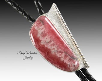 Wedding Bolo Tie, Unique Rhodochrosite Bolo Tie for Men or Women, Handmade Custom Bolo Tie, Modern Sterling Silver & Stone Bolo Tie