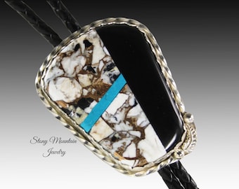 Custom Inlay Bolo Tie, Designer Bolo Tie with White Buffalo Matrix, Turquoise & Black Jade, One of a Kind Wedding Bolo Tie, Fathers Day Gift