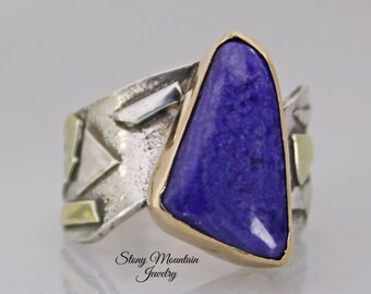 Unique Sugilite Ring, Modern Mixed Metal Purple Sugilite Designer Ring, Contemporary Jewlery, One of a Kind Large Purple Cocktail Ring