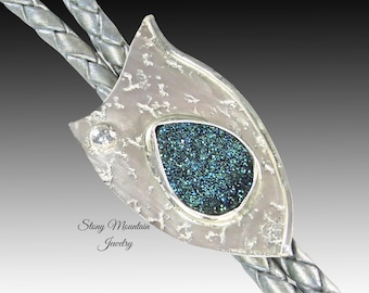 One of a Kind Unique Sculptural Wedding Bolo Tie, Fancy Designer Bolo Ties for Women or Men, Small Modern Sterling Silver Druzy Bolo Tie