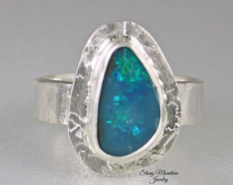 One of a Kind Australian Opal Ring, Handmade Genuine Opal Ring, Unique Sterling Silver Natural Blue Boulder Opal Cocktail Ring