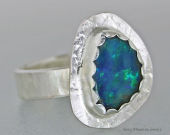 Australian Boulder Opal Ring, Handmade Genuine Australian Opal Ring, Unique Sterling Silver Natural Blue Opal Cocktail Ring