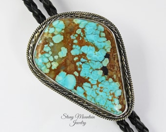 One of a Kind Turquosie Bolo Tie Large Nevada Number 8 Mine Turquoise Designer Bolo Ties for Men & Women, Hamdmade Custom Wedding Bolo Tie